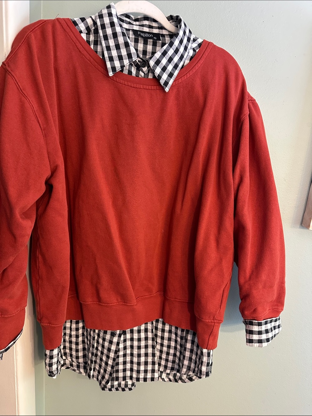 Papillon Blanc Rust Red Layered Sweatshirt with Black & White Gingham